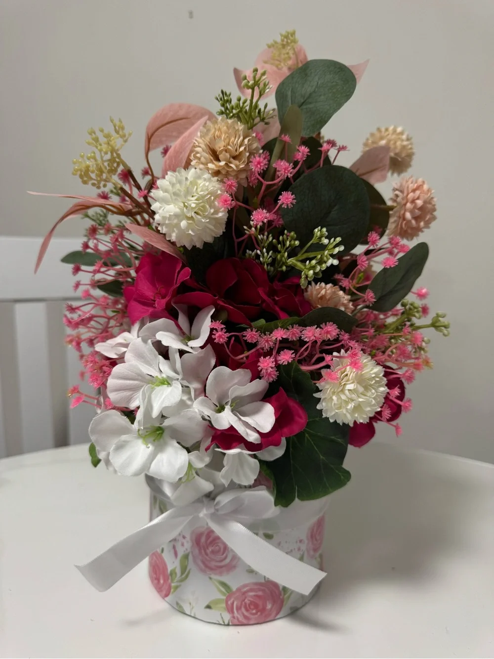 Pink & White Floral Arrangement in Decorative Hatbox